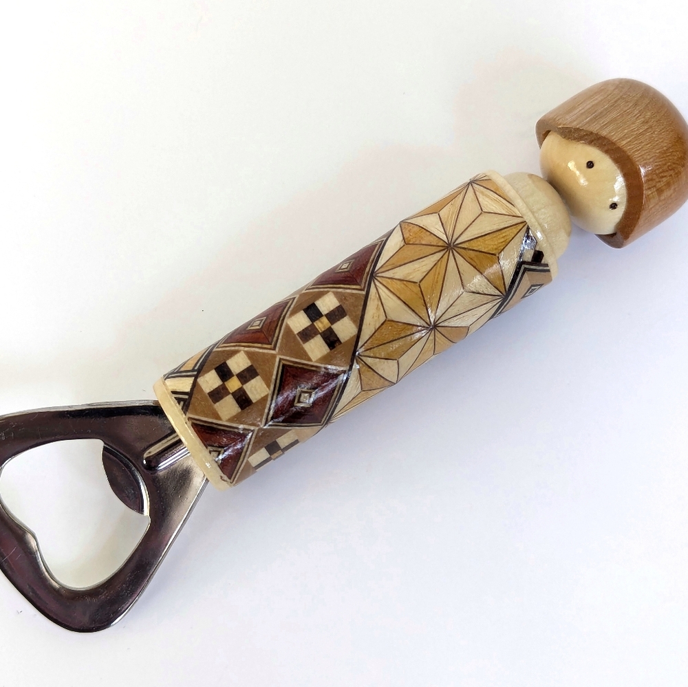 Japanese "Yosegi-zaiku" Marquetry Kokeshi Style Bottle Opener Handmade Folk Art